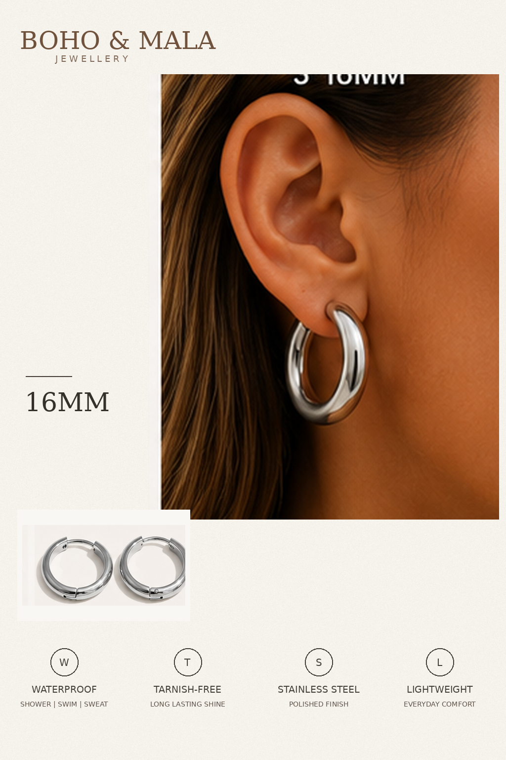 
                  
                    Classic Waterproof Hoop Earrings Silver 16mm on model
                  
                