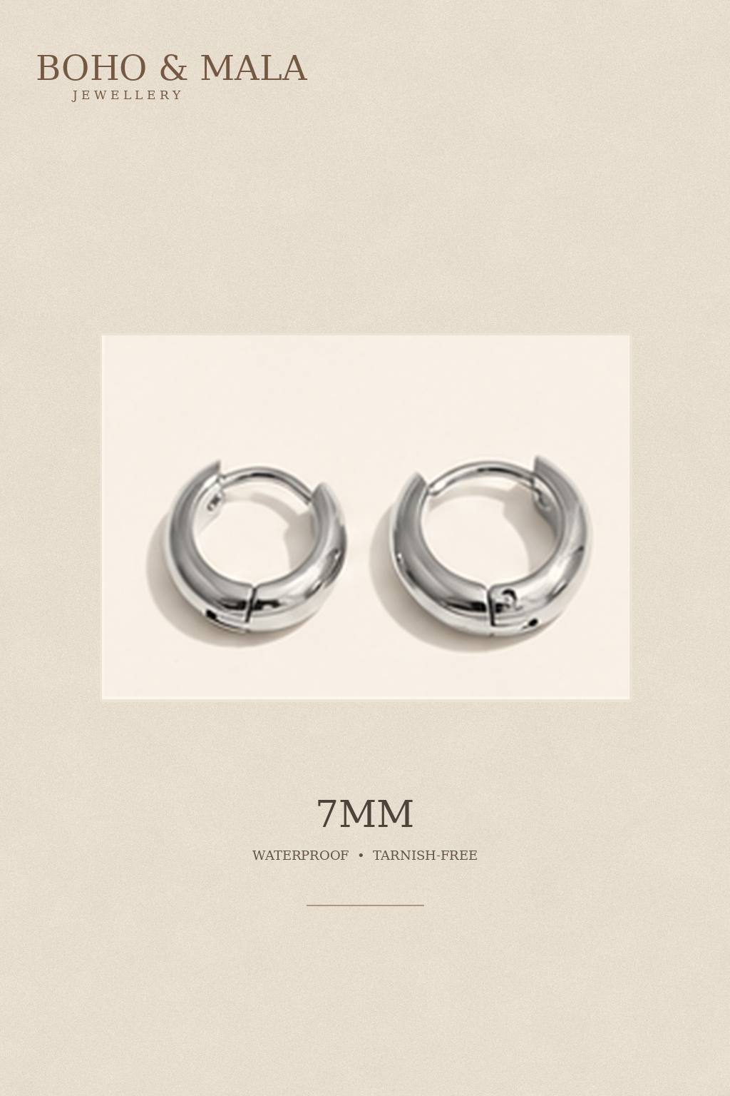 
                  
                    Classic Waterproof Hoop Earrings Silver 7mm on warm beige textured background
                  
                