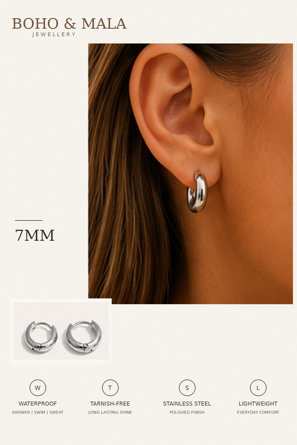 
                  
                    Classic Waterproof Hoop Earrings Silver 7mm on model
                  
                