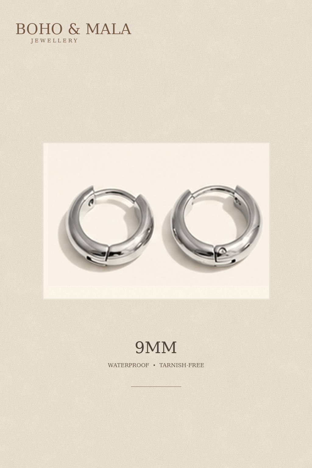 
                  
                    Classic Waterproof Hoop Earrings Silver 9mm on warm beige textured background
                  
                
