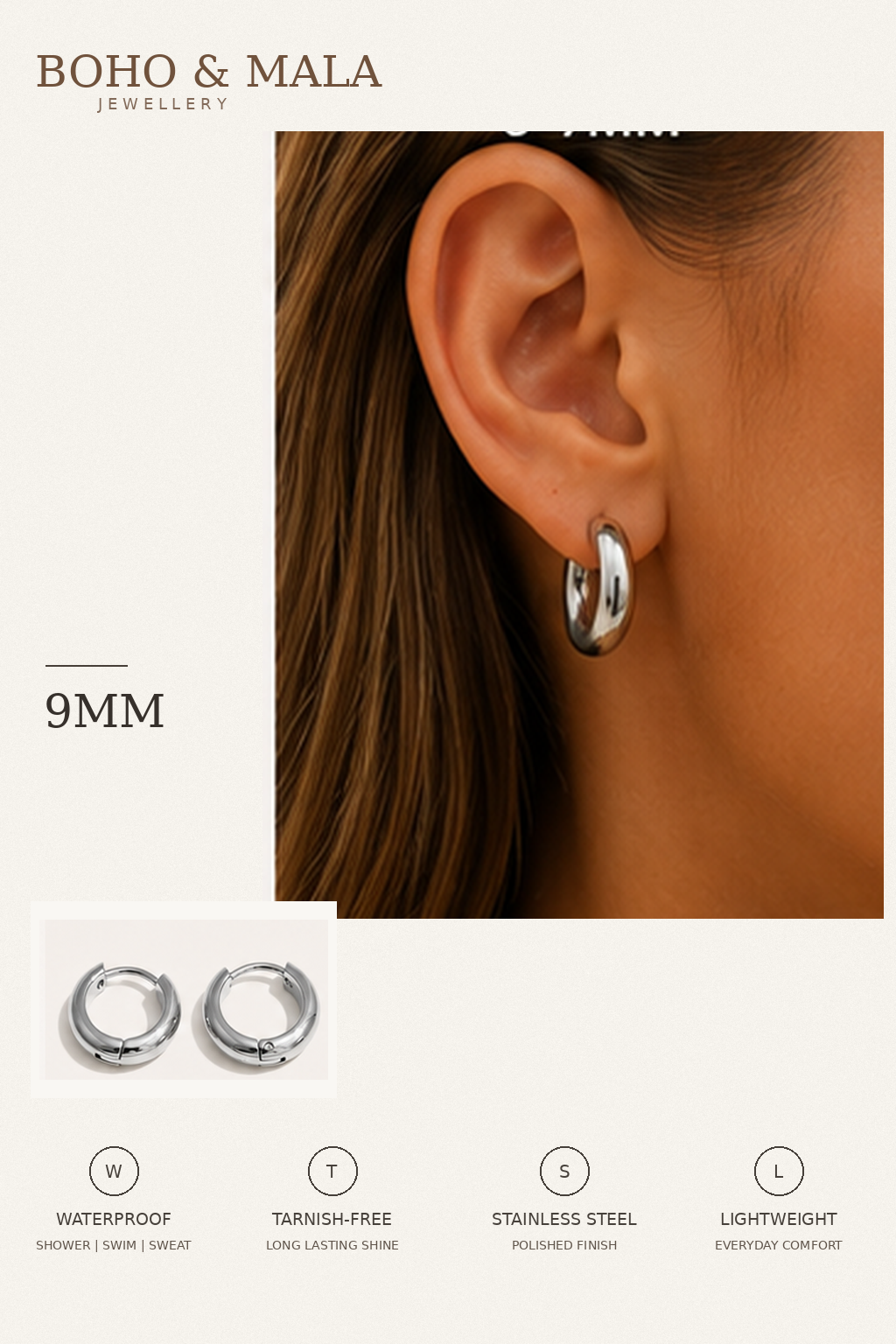 
                  
                    Classic Waterproof Hoop Earrings Silver 9mm on model
                  
                