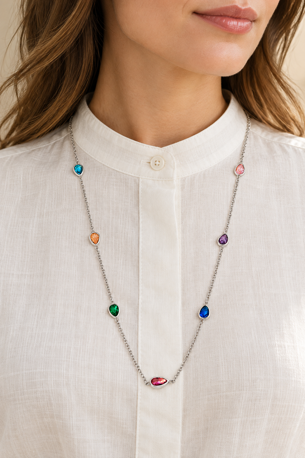 Colourful Zirconia Pendant Necklace worn on a model