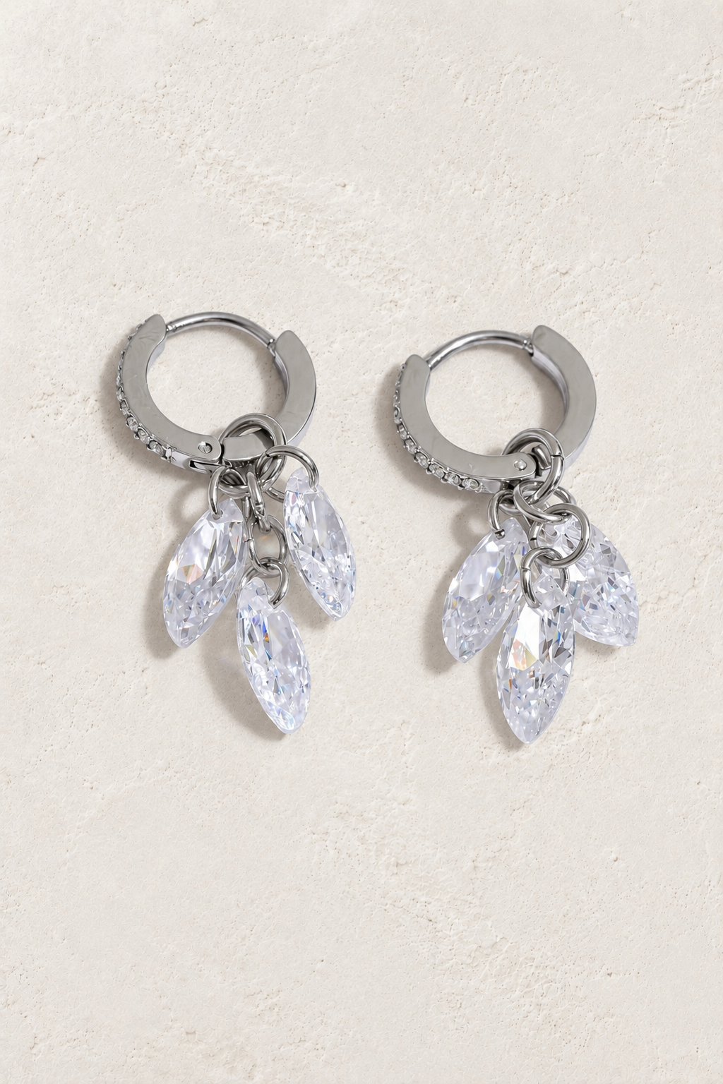 Silver Crystal Cluster Drop Hoop Earrings on Boho & Mala hero background