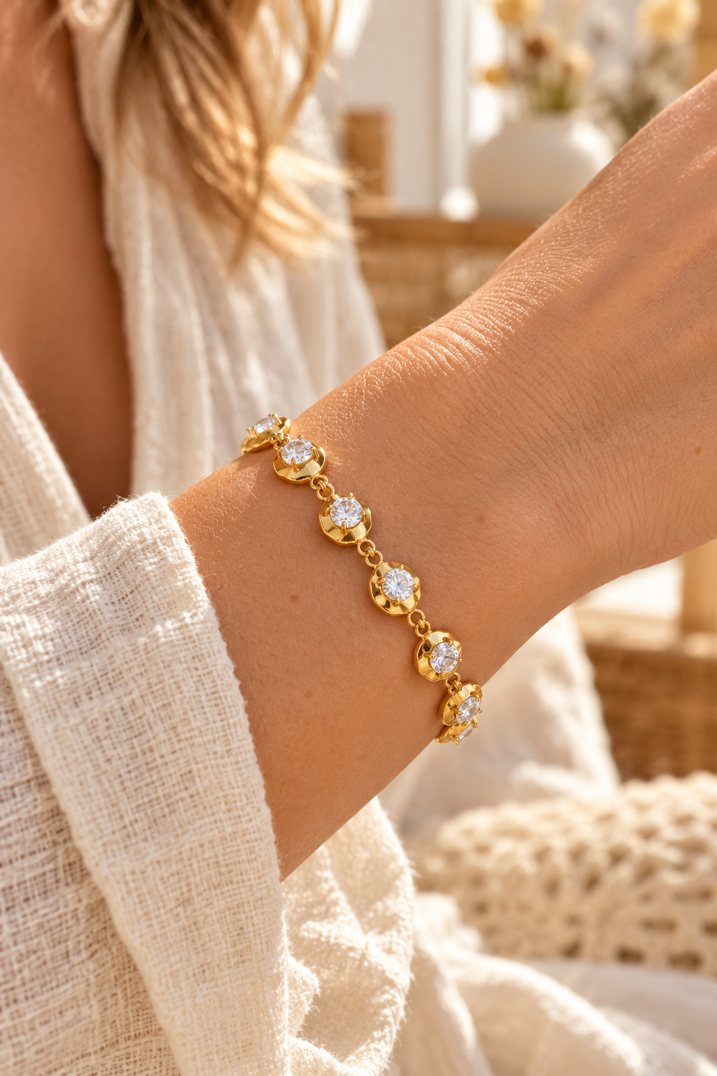 
                  
                    Petal bracelet on boho model wrist – AI styling illustration
                  
                