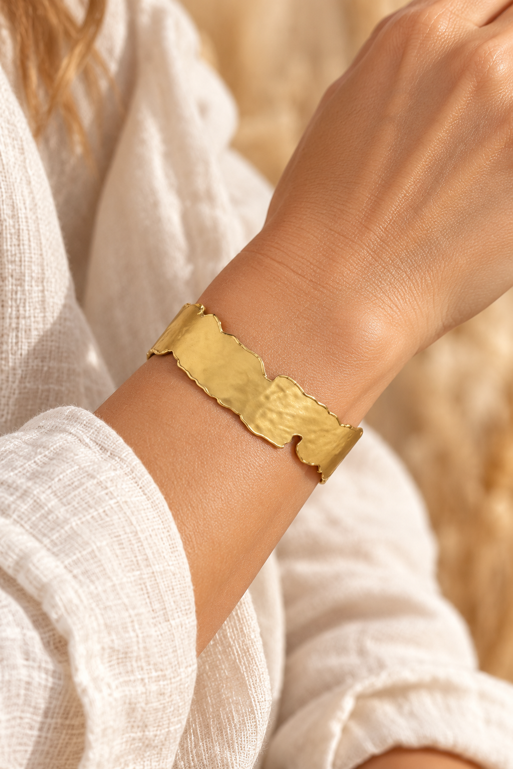 
                  
                    Free Spirit Adjustable Statement Boho Brass Gold Cuff Bracelet Large worn on a model's wrist
                  
                