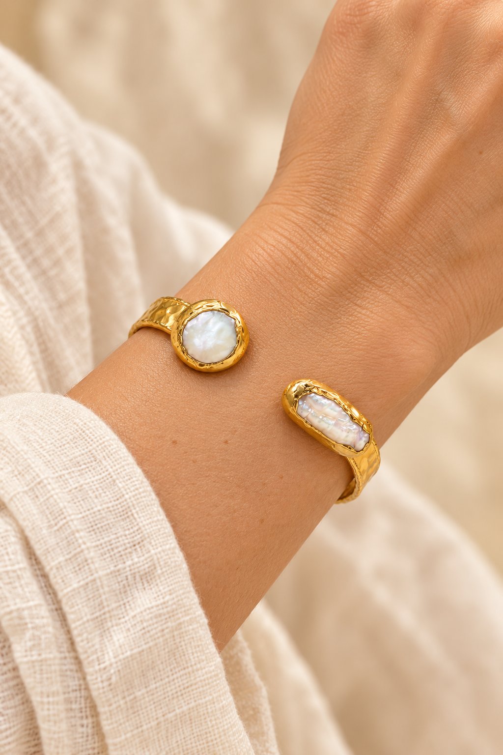 Free Spirit Boho Brass & Gold Natural Freshwater Pearl Cuff Bracelet worn on a model's wrist