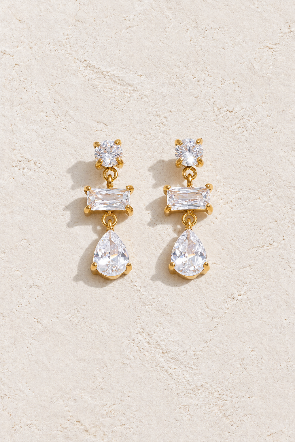 Gold Baguette & Pear Crystal Drop Earrings — hero