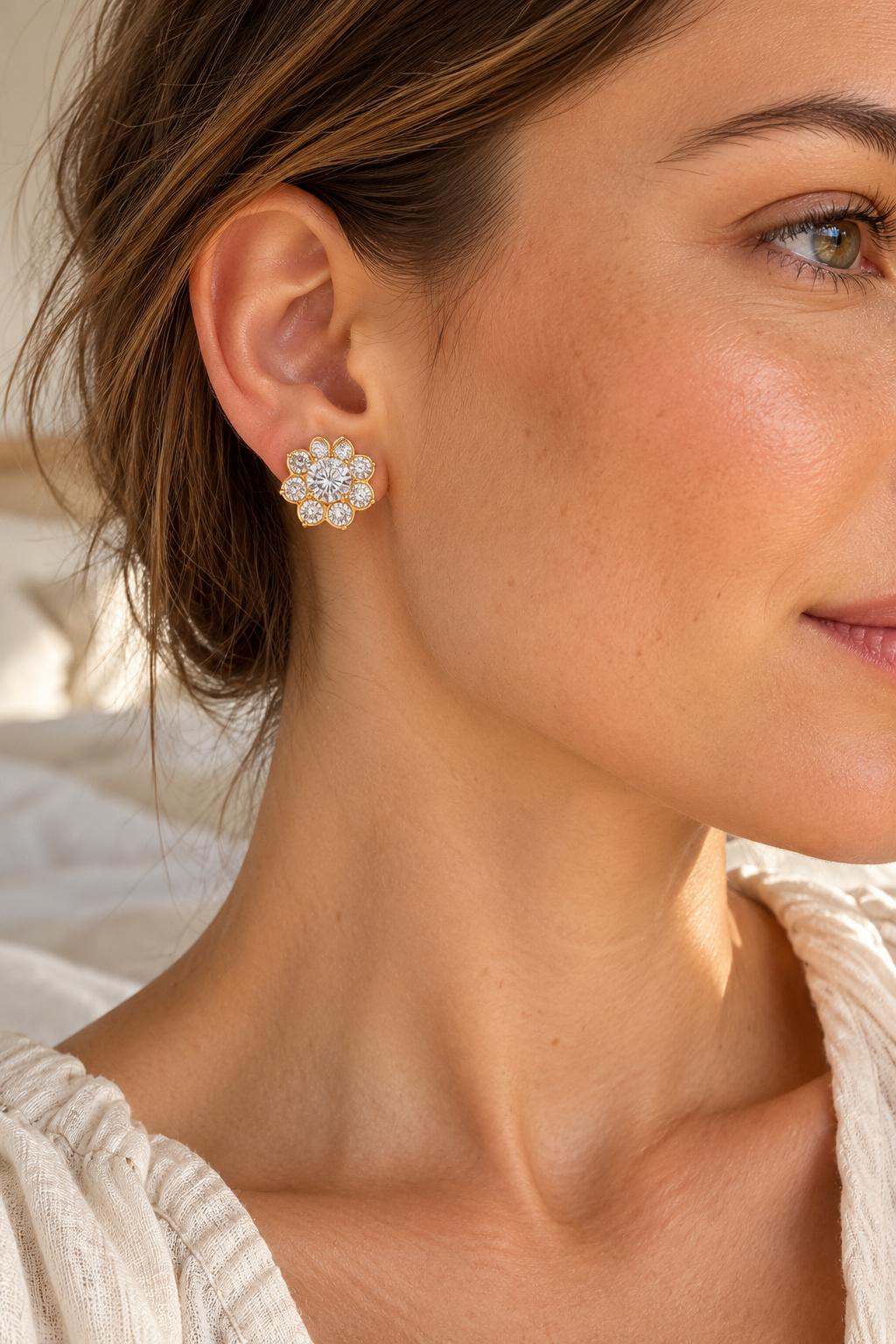 Gold Cubic Zirconia Flower Stud Earrings — model