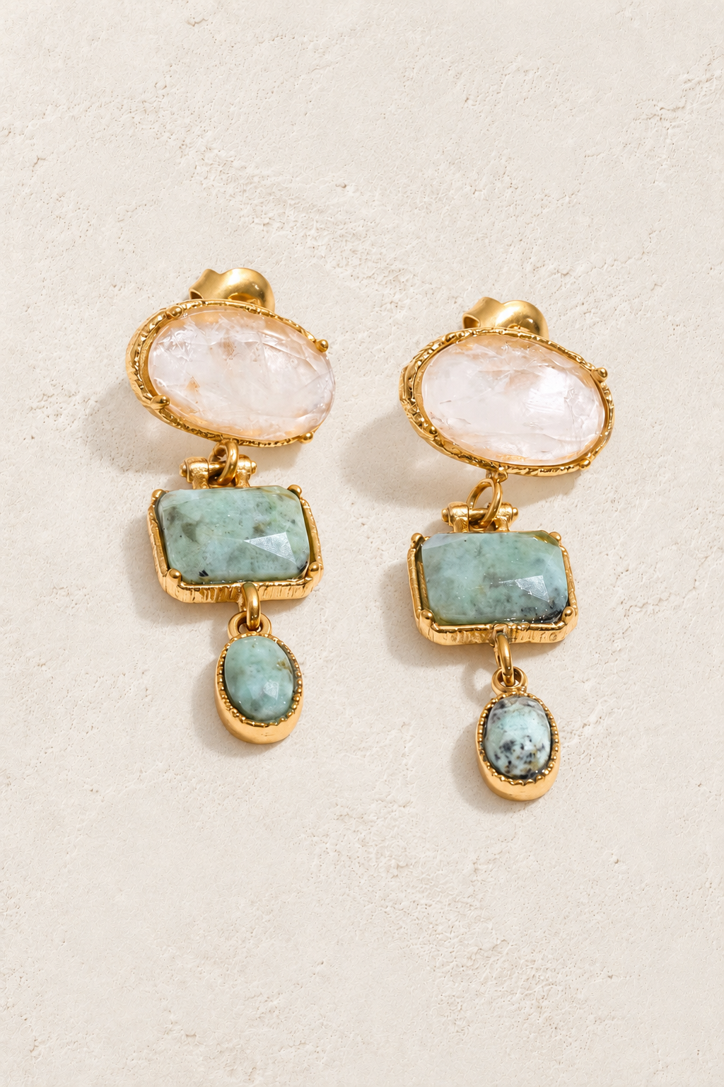 
                  
                    Gold Green Natural Stone Trio Drop Earrings — original cream plaster hero
                  
                