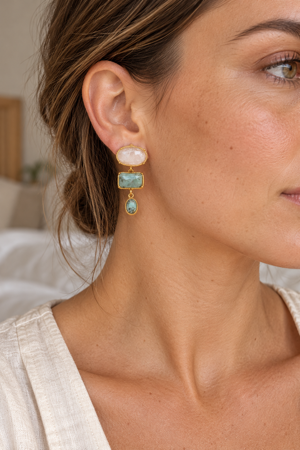 
                  
                    Gold Green Natural Stone Trio Drop Earrings — model
                  
                