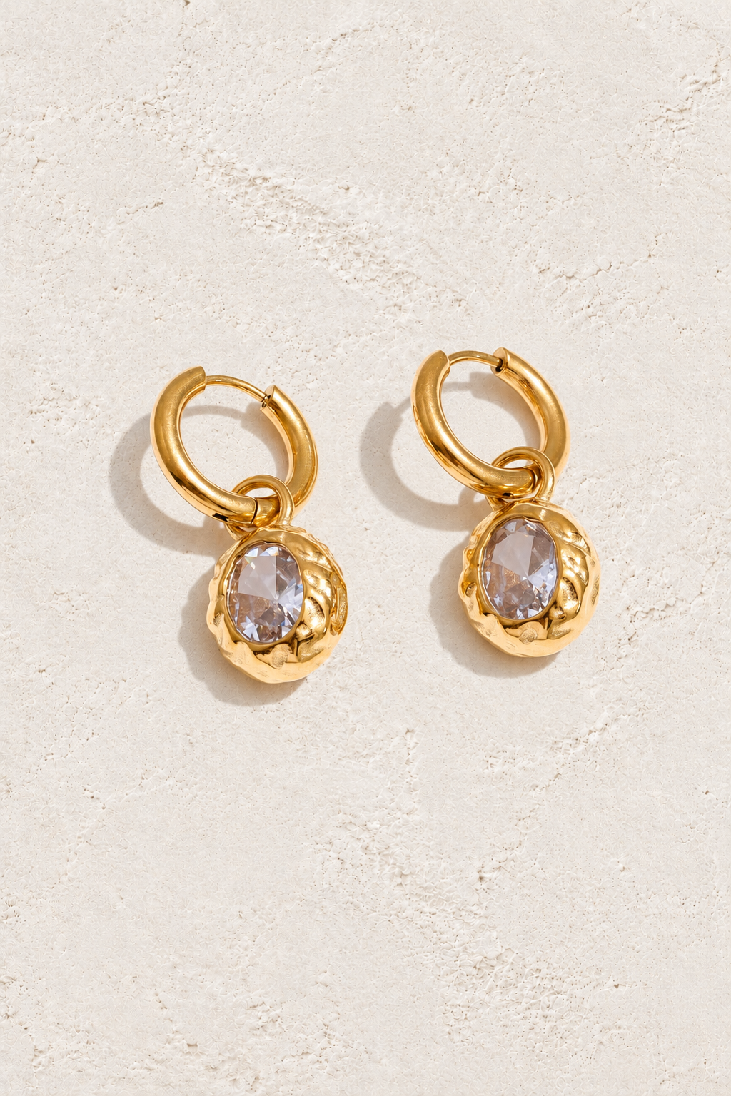 Gold Hammered Oval Crystal Hoop Earrings — hero