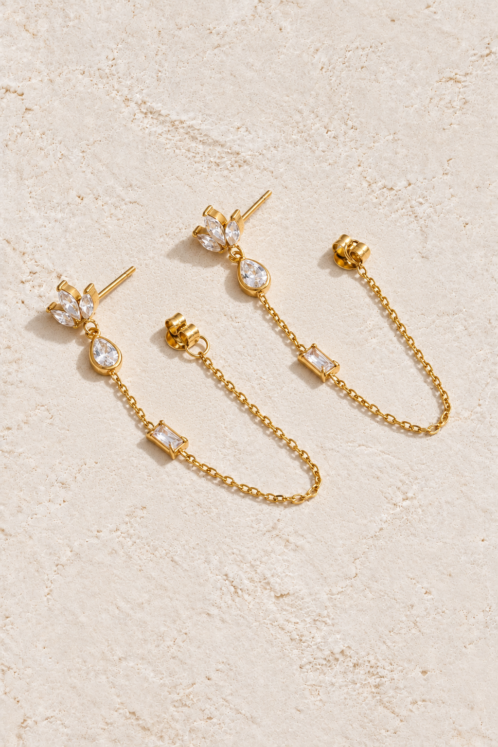 gold-hero crystal leaf loop chain earrings