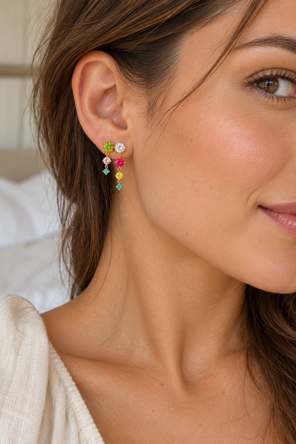 
                  
                    Gold Multicolour Crystal Twin Cascade Earrings — model
                  
                