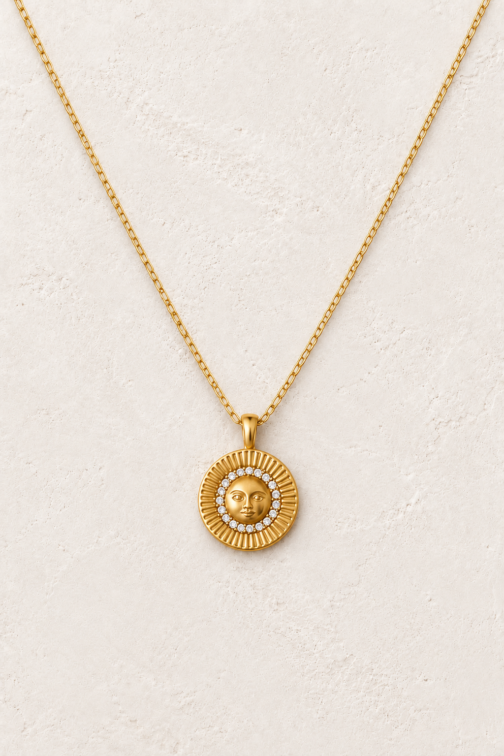 Star & Moon Pendant Necklace on warm textured background – Boho & Mala