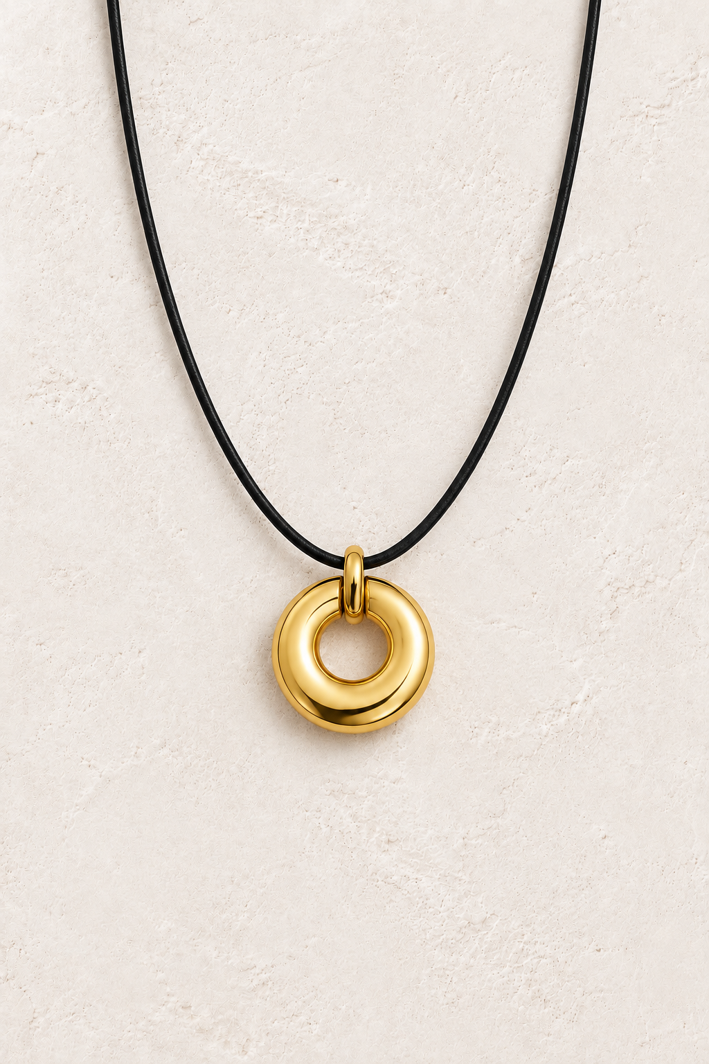 Gold necklace with black cord and circular pendant – Boho & Mala gold necklace