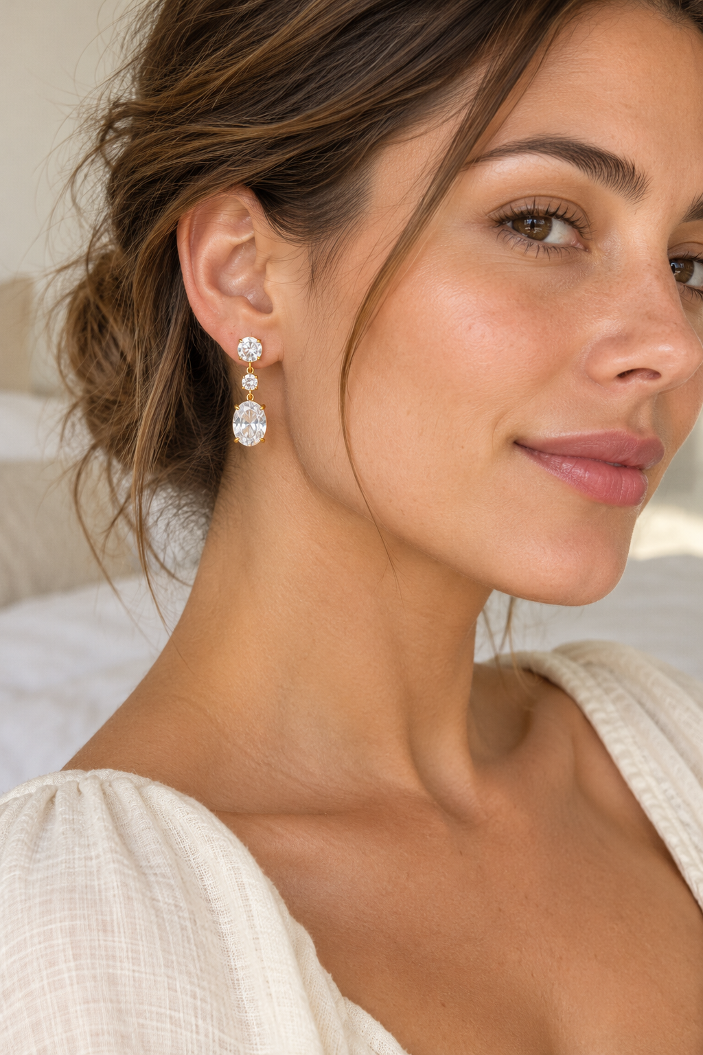 Gold Oval Crystal Trio Drop Earrings — model