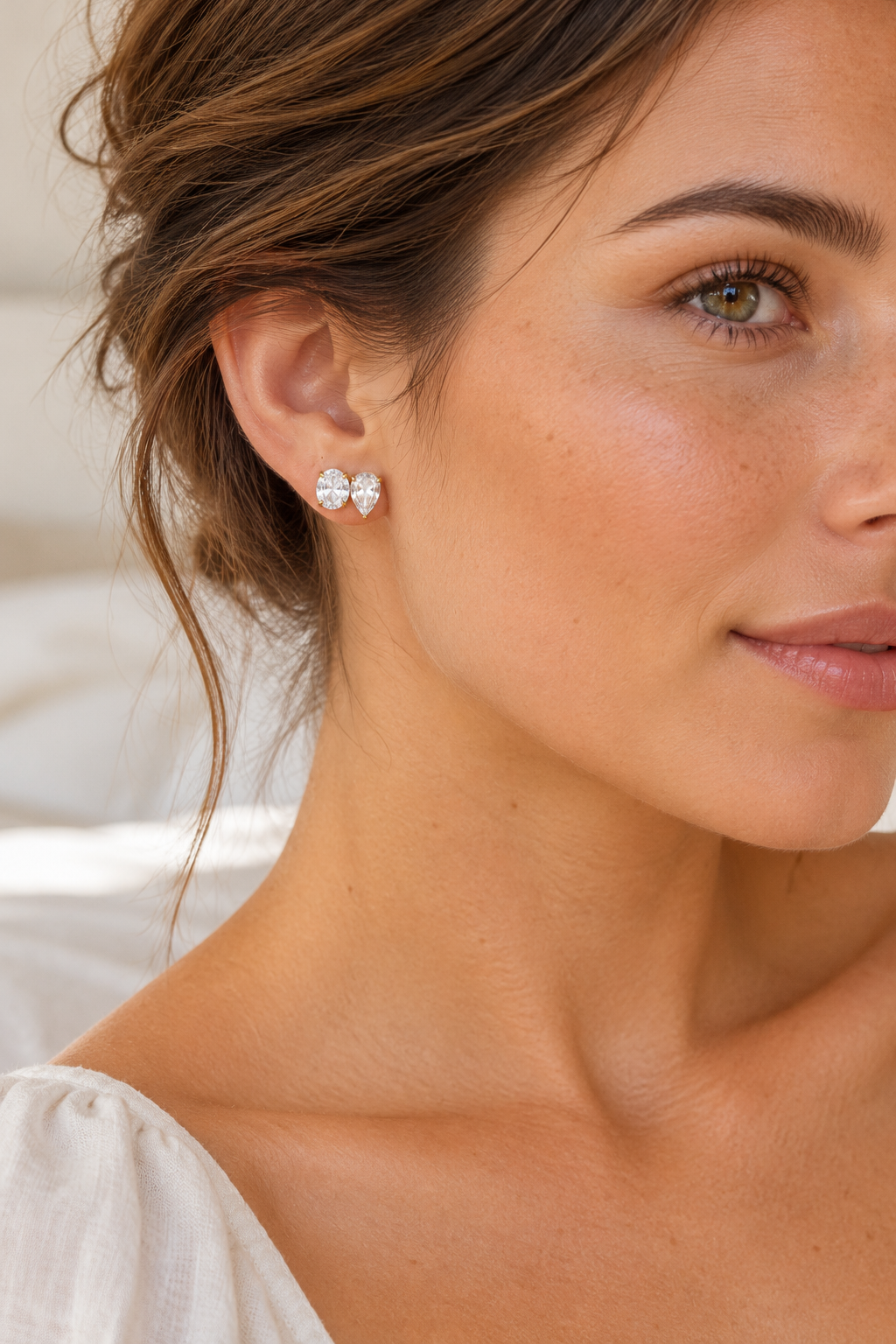 Gold Oval & Pear Crystal Duo Stud Earrings — model