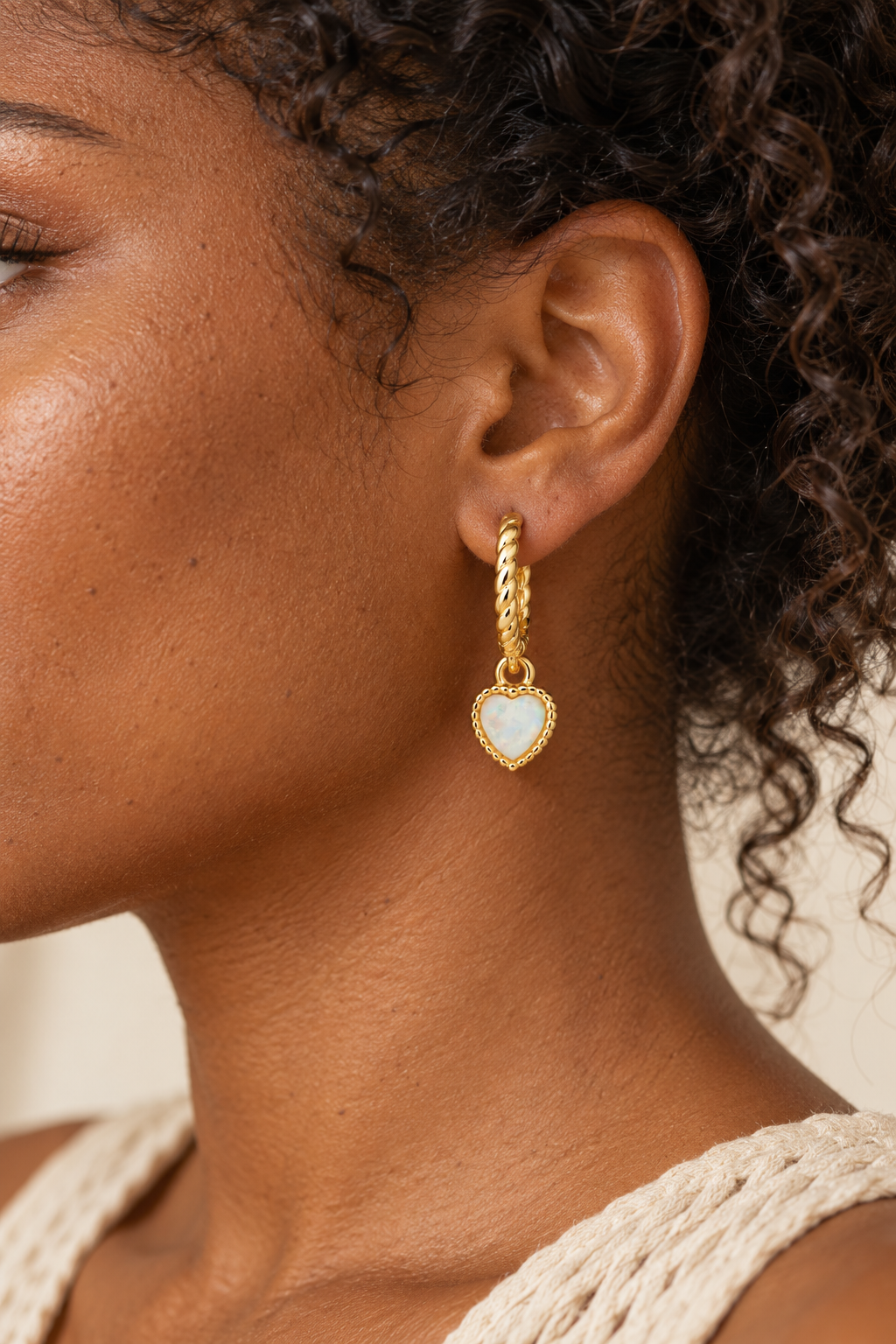 Model wearing Opal Heart Rope Hoop Earrings – 18K Gold Plated Sterling Silver