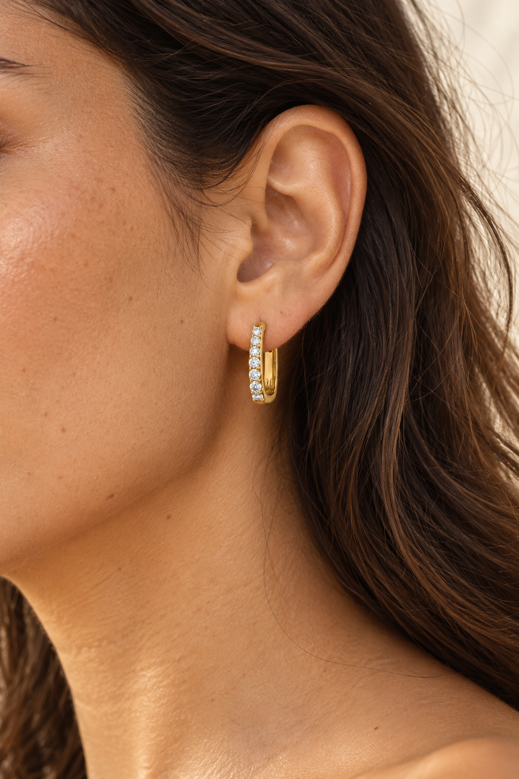 Model wearing Nova Gold Hoop Earrings – 18K Gold Plated Sterling Silver