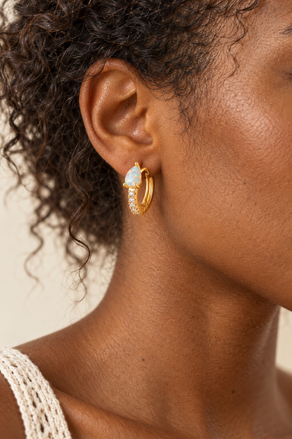 Model wearing Opal Huggie Hoop Earrings – 18K Gold Plated Sterling Silver