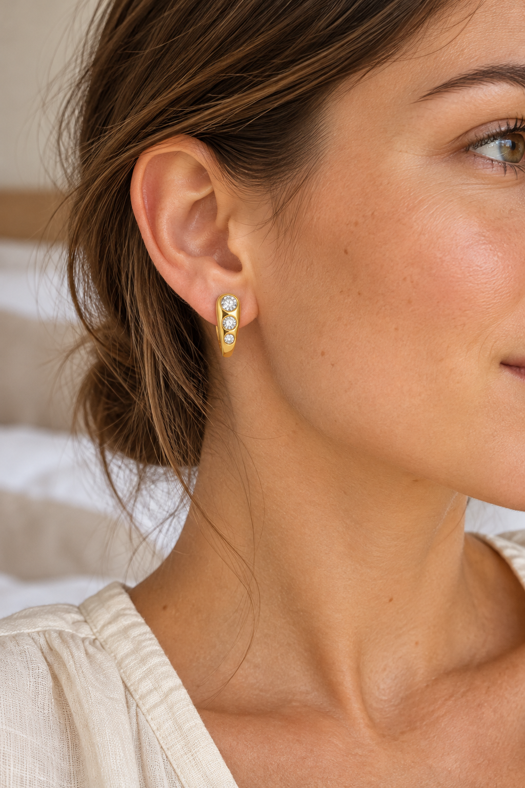 Gold Tapered Crystal Trio Earrings — model
