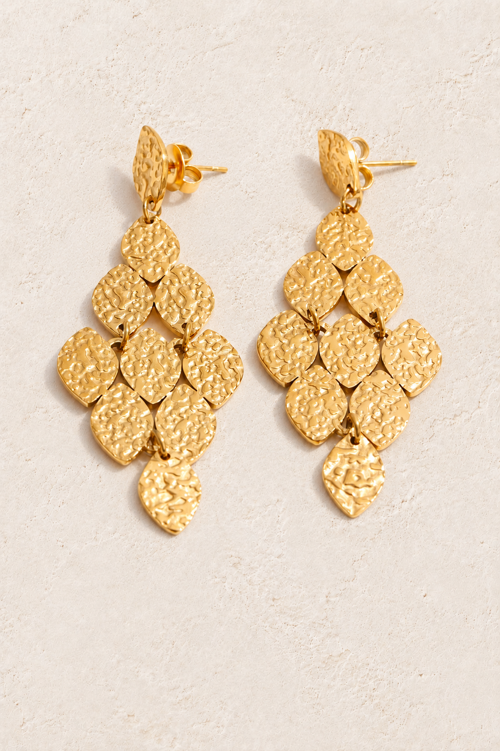 Hammered Petal Chandelier Earrings – Gold on warm ivory plaster