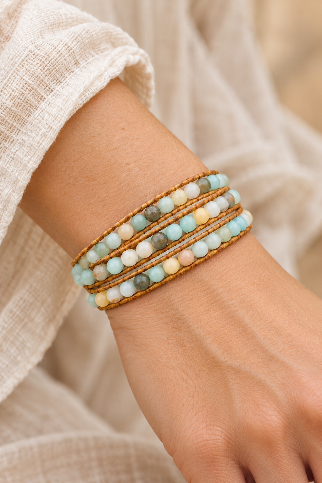 Handmade Amazonite Mixed Natural Stone Wrap Bracelet worn on a model's wrist
