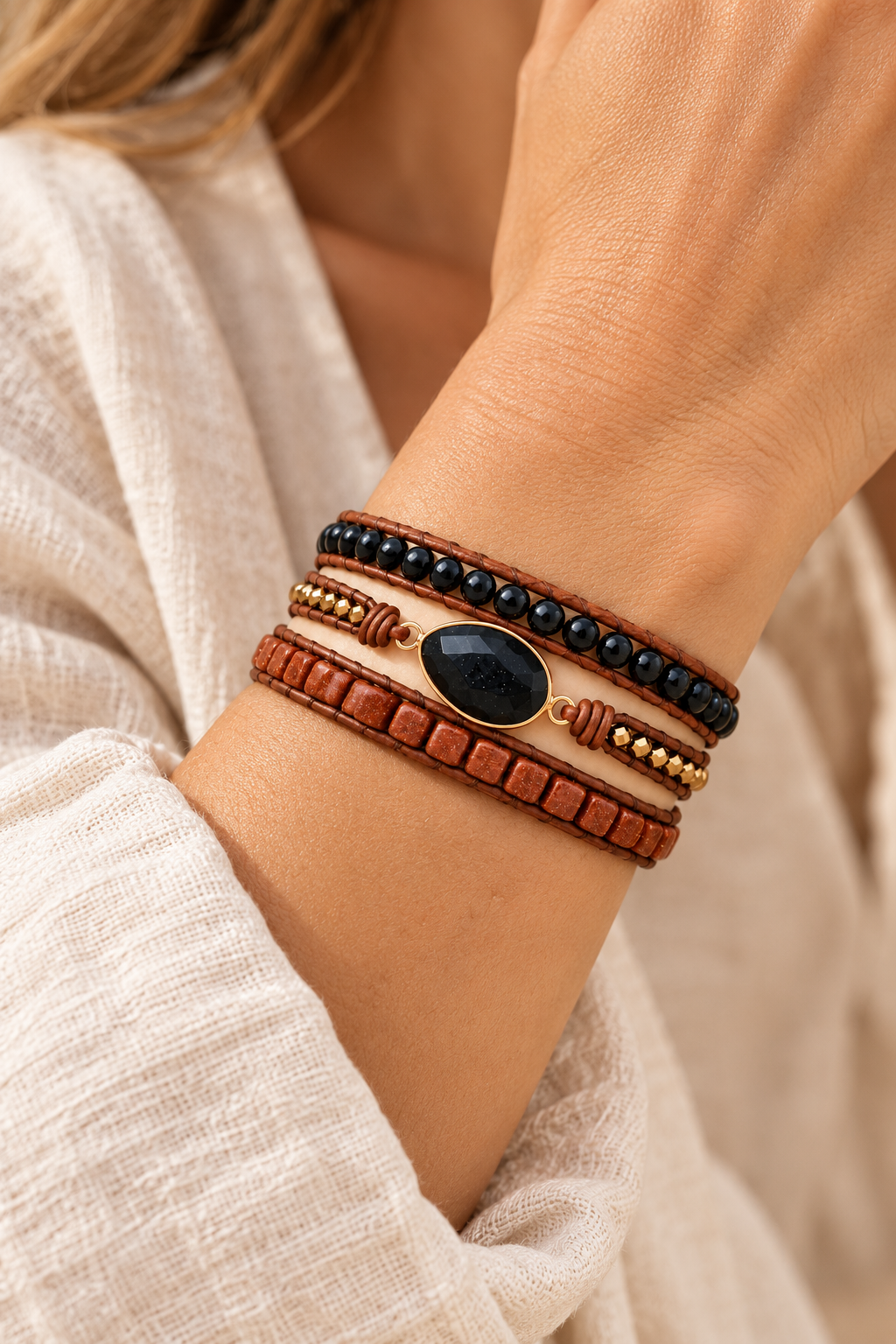 Handmade Black Onyx Mixed Natural Stone Wrap Bracelet worn on a model's wrist