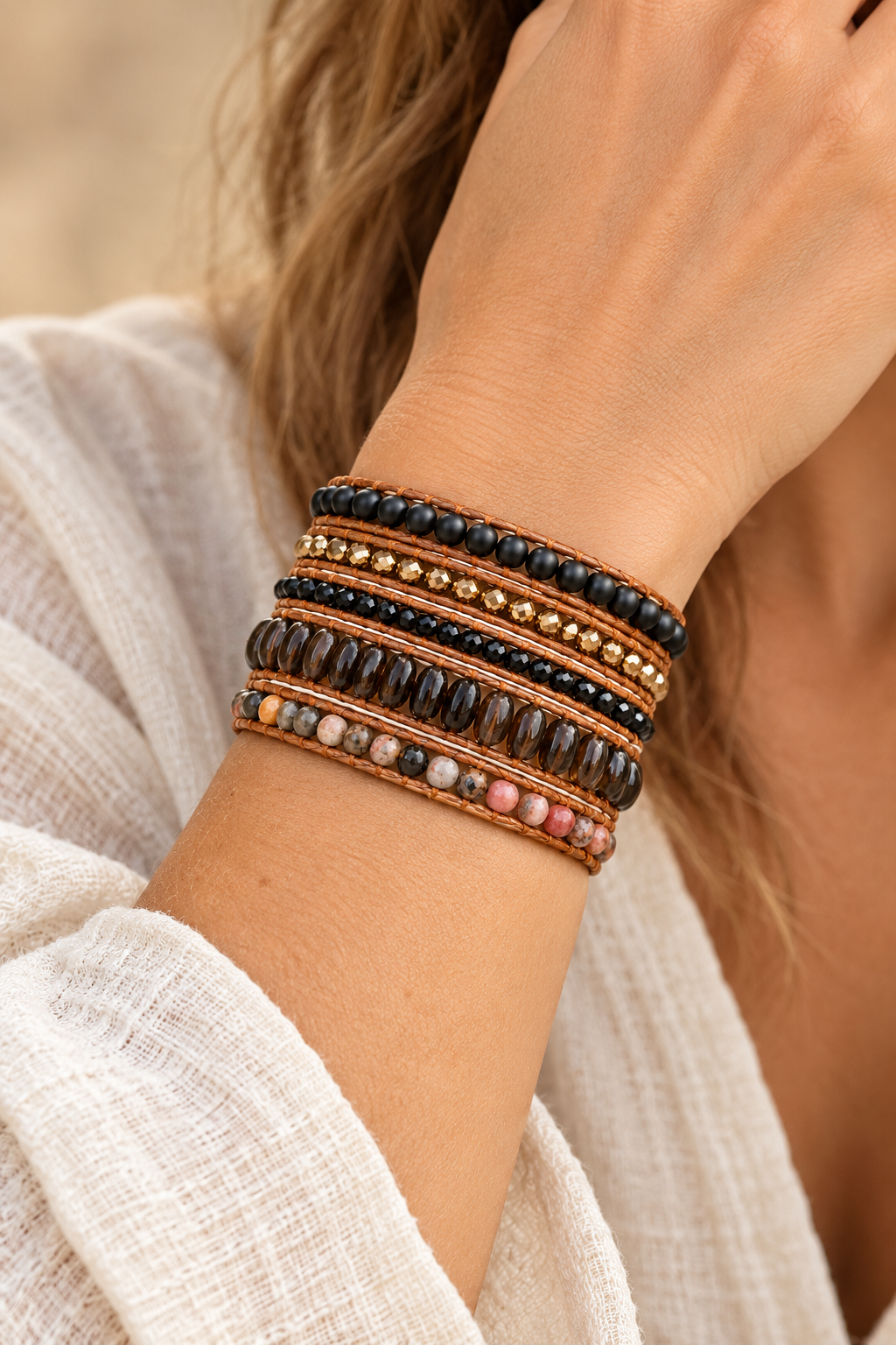 Handmade Black Onyx & Smokey Quartz Mixed Natural Stone 5 Wrap Bracelet worn on a model's wrist