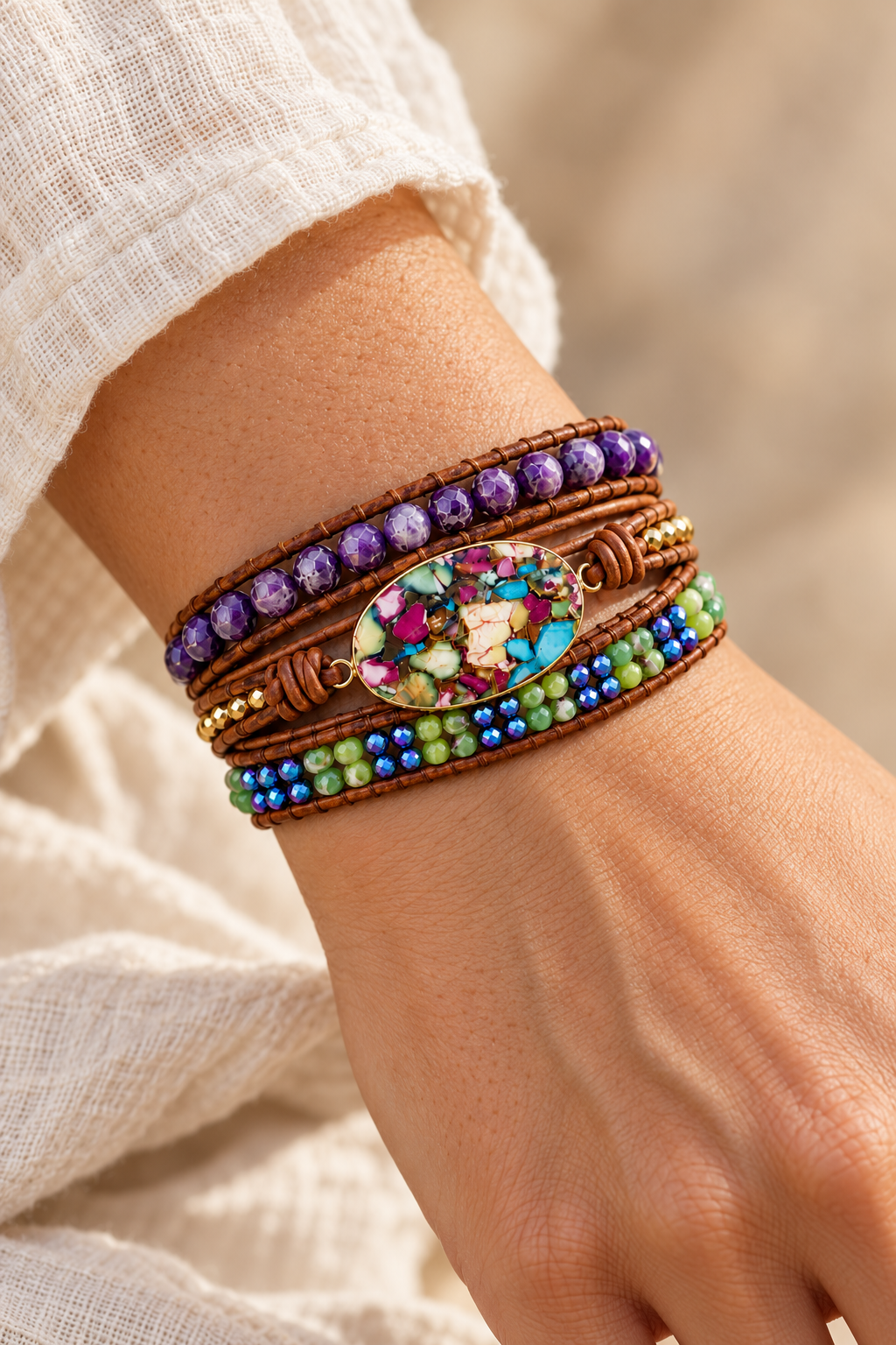 Handmade Mosaic Mixed Natural Stone Wrap Bracelet worn on a model's wrist