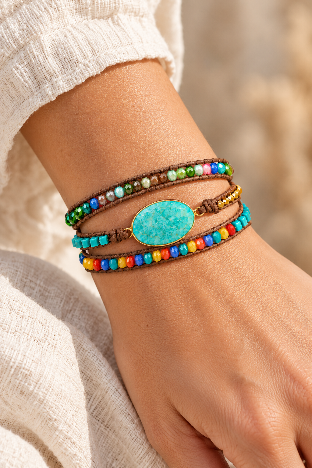 Handmade Rainbow Mixed Natural Stone Wrap Bracelet worn on a model's wrist