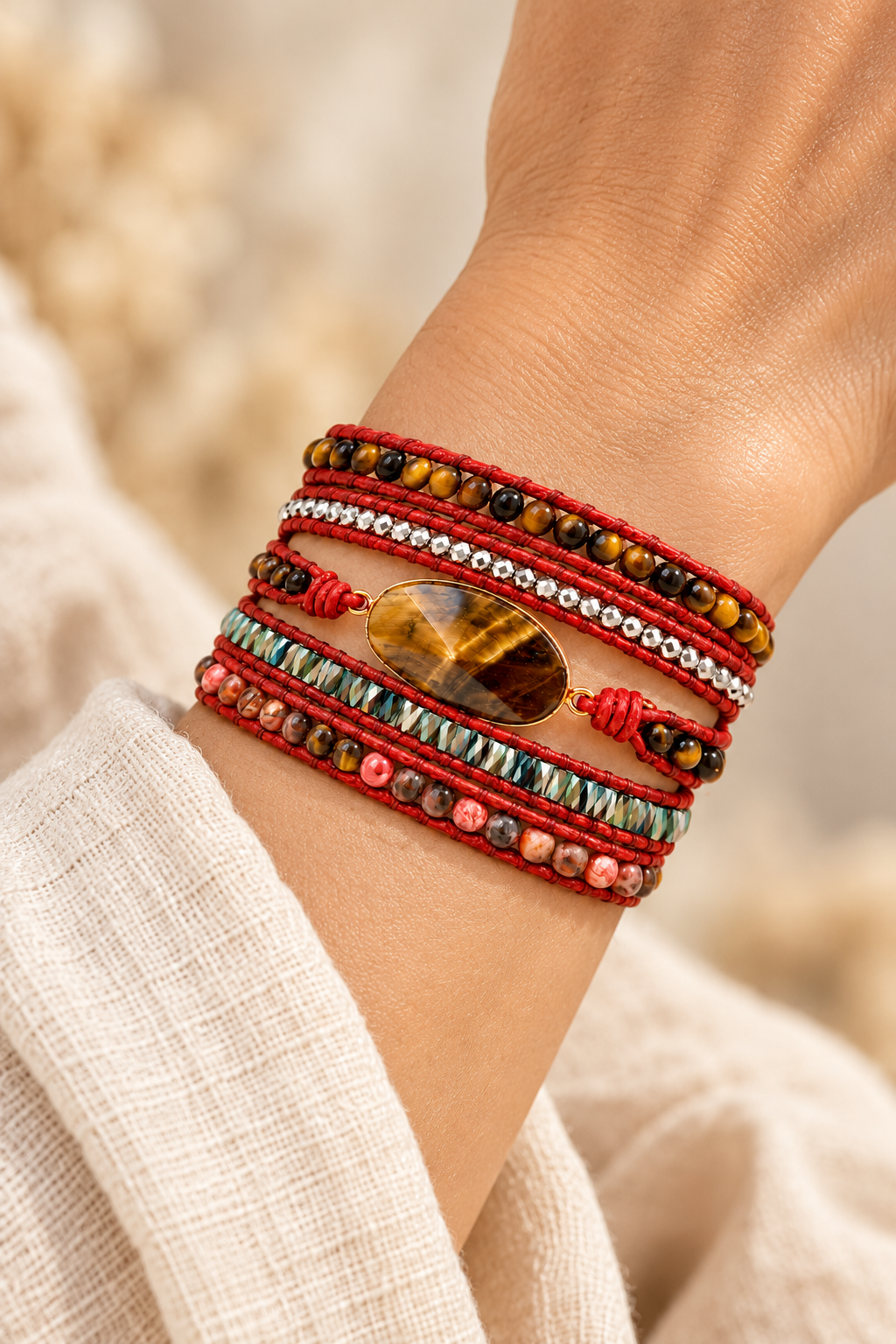 Handmade Tiger’s Eye & Rhodonite Mixed Natural Stone Wrap Bracelet worn on a model's wrist