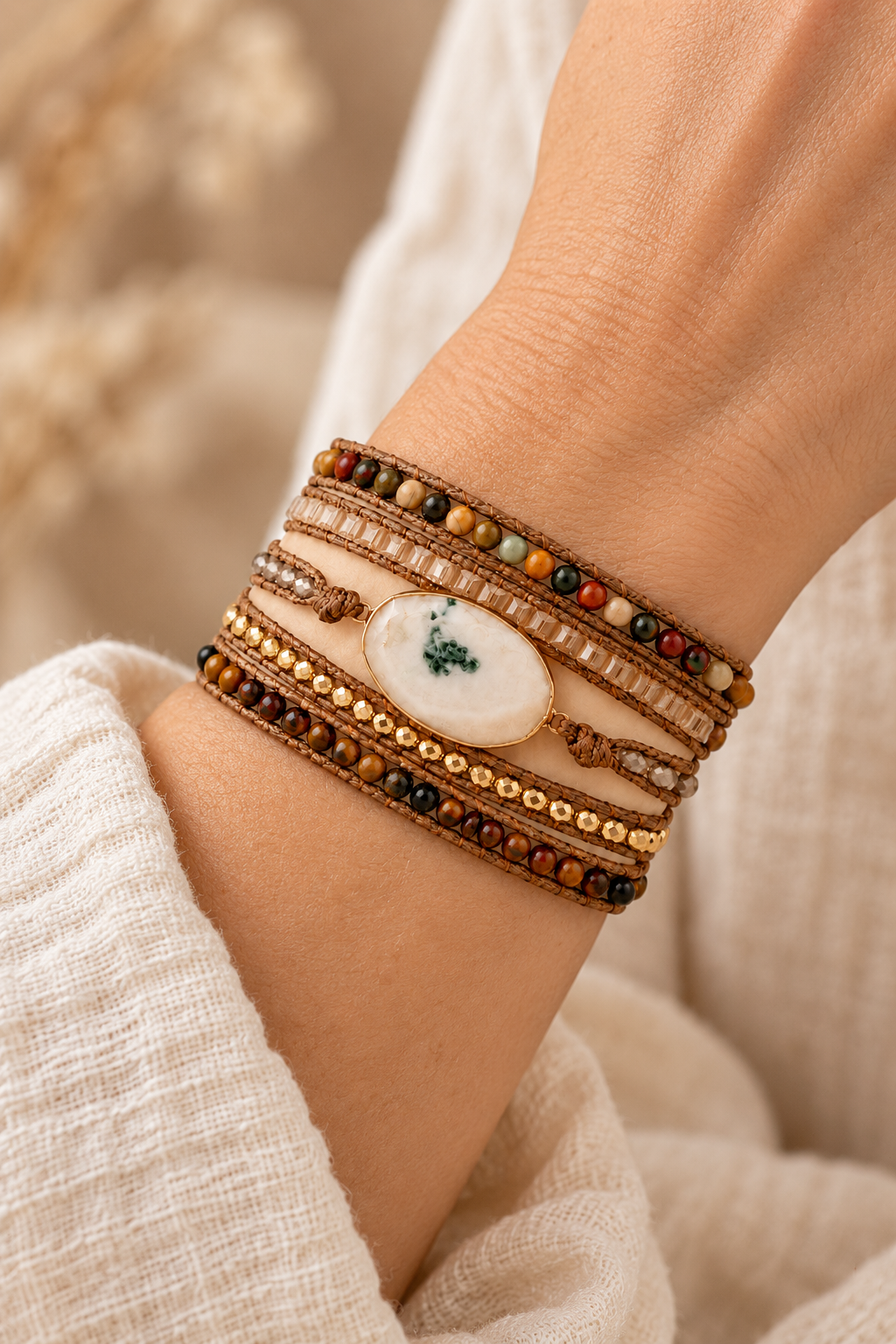 Handmade Tree Agate Mixed Natural Stone Wrap Bracelet worn on a model's wrist