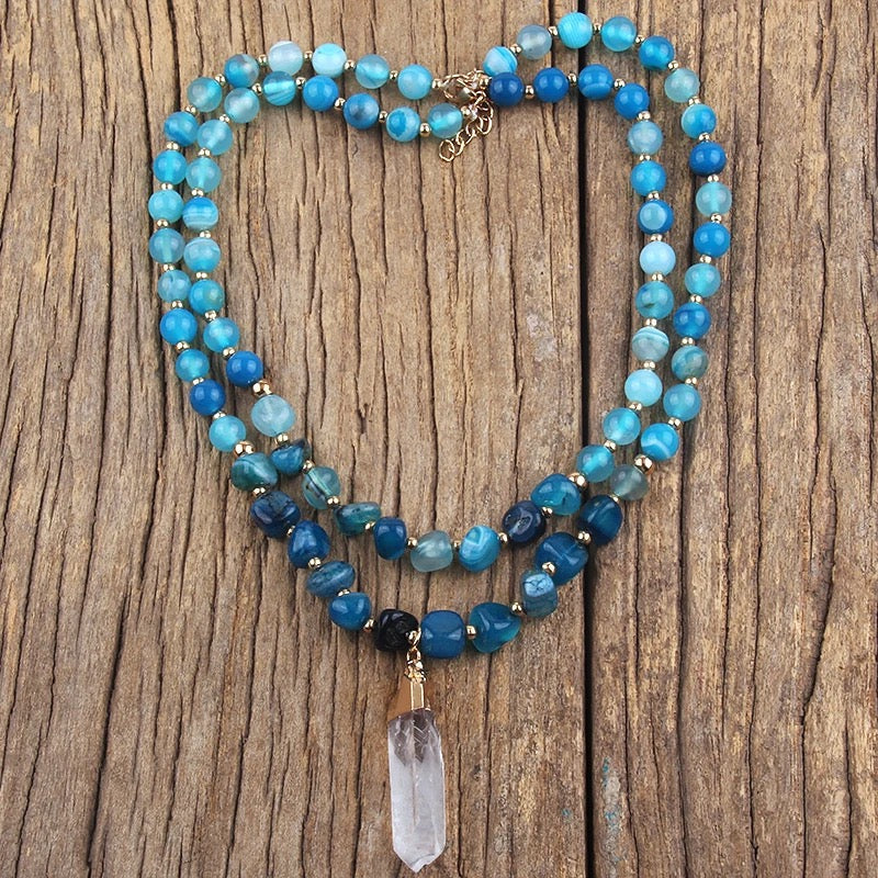 Blue Double Tribal Stone Necklace with natural Amazonite beads, detail view
