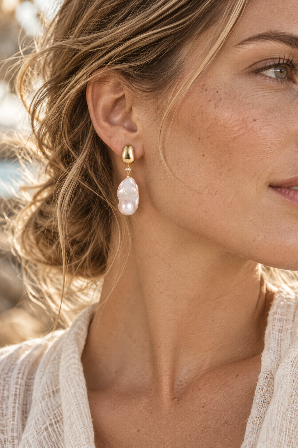 Boho model wearing Isla Baroque Pearl Drops