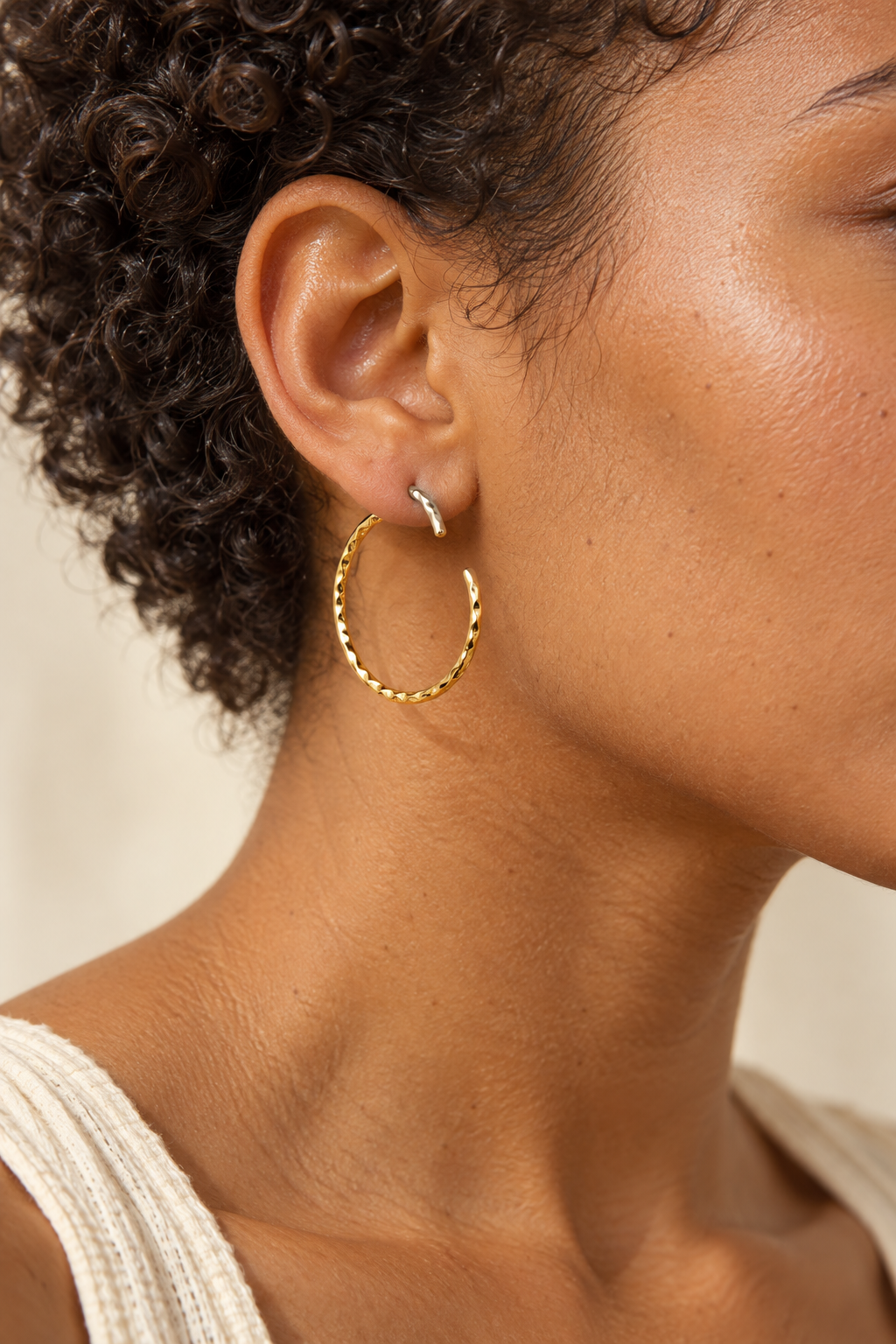 Model wearing Kaia Hoop Earrings
