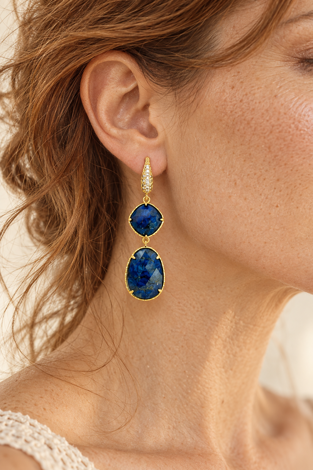Model wearing Lapis Lazuli Amara Earrings