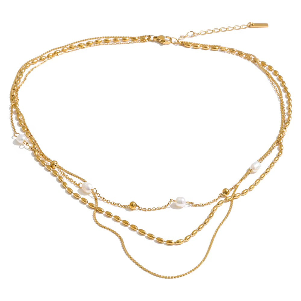 
                  
                    Gold triple layer natural pearl chain necklace
                  
                