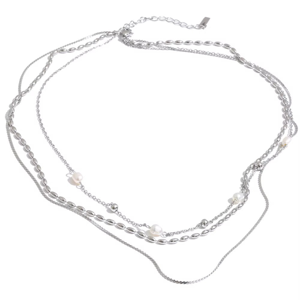 
                  
                    Silver triple layer natural pearl chain necklace
                  
                