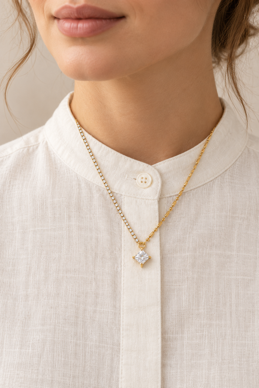 Lumi Crystal Tennis Pendant Necklace worn on a model