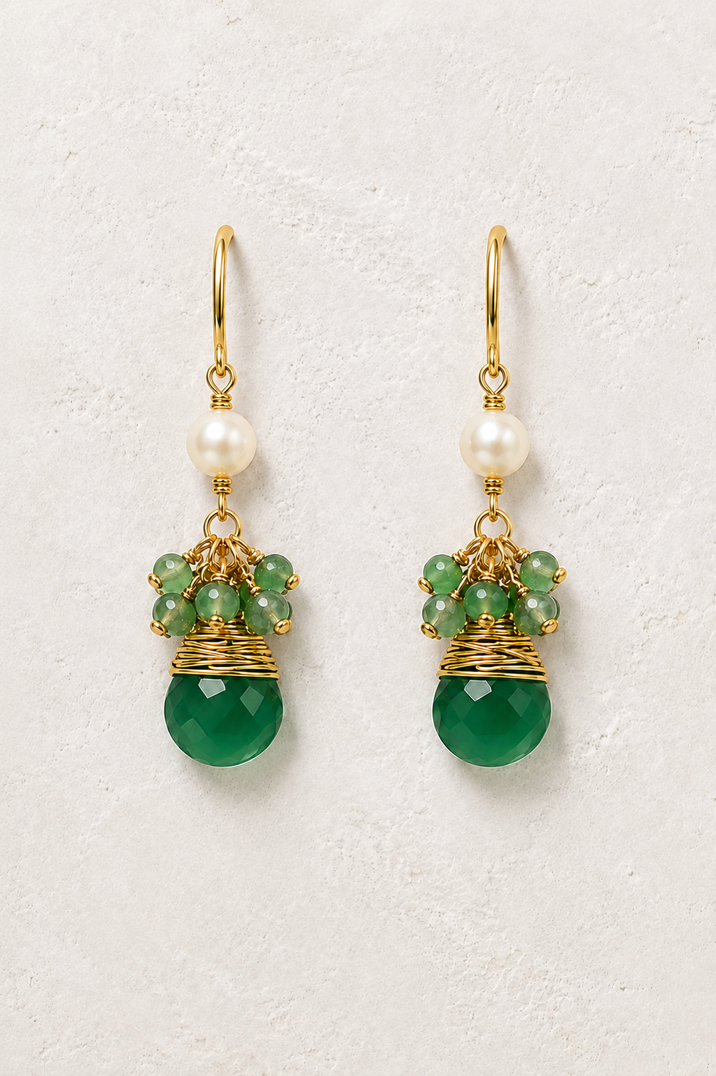 Maris Green Jade genuine gemstone and freshwater pearl earrings