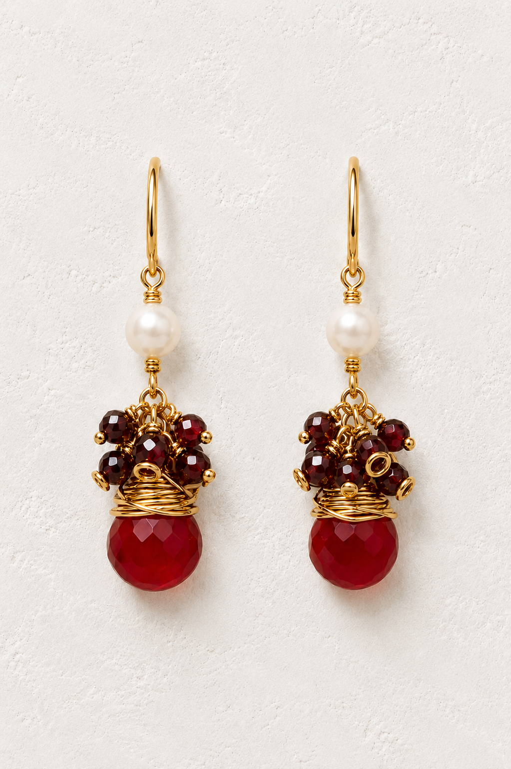 Maris Red Jade genuine gemstone and freshwater pearl earrings