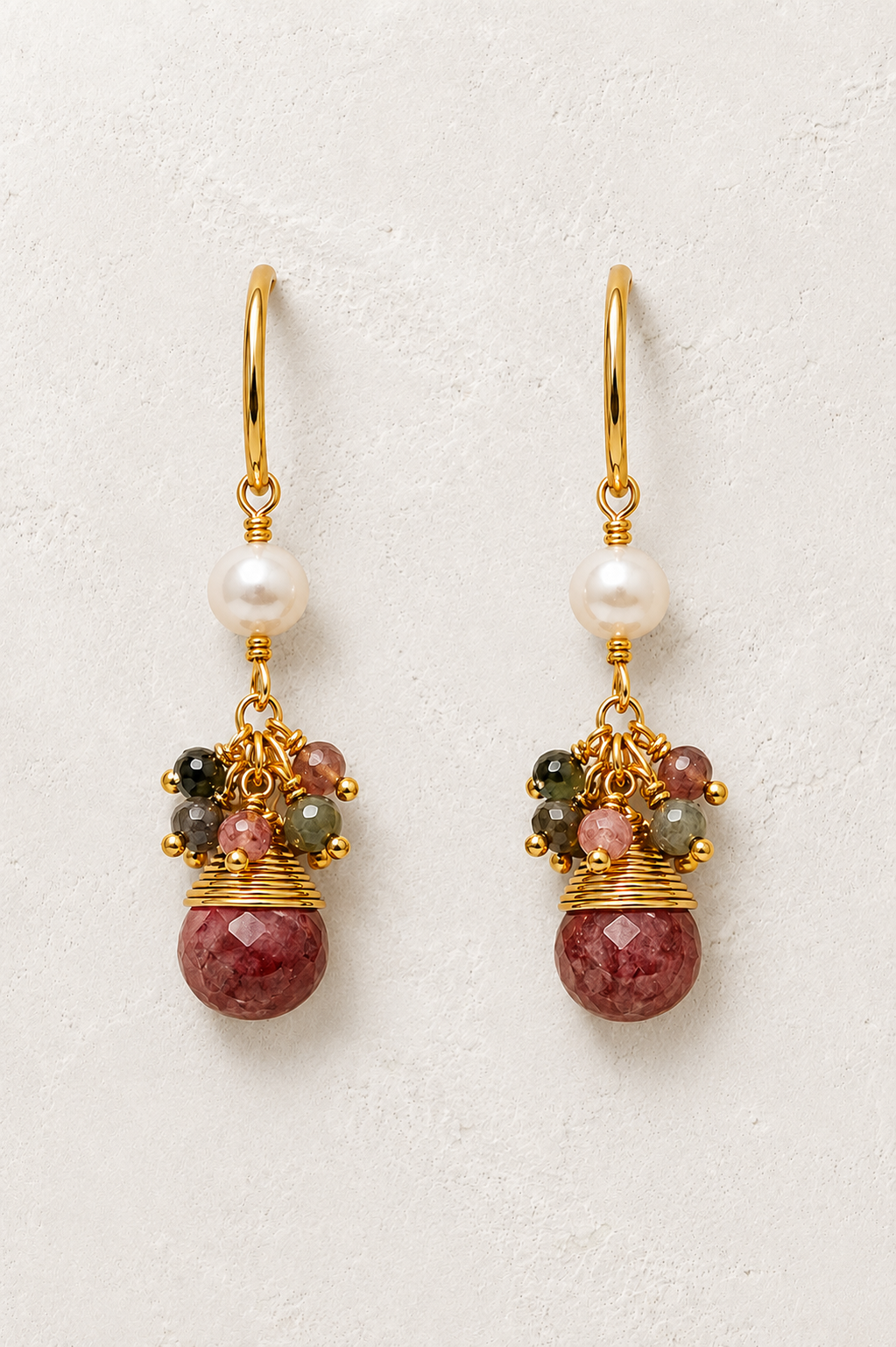 Maris Strawberry Quartz genuine gemstone and freshwater pearl earrings