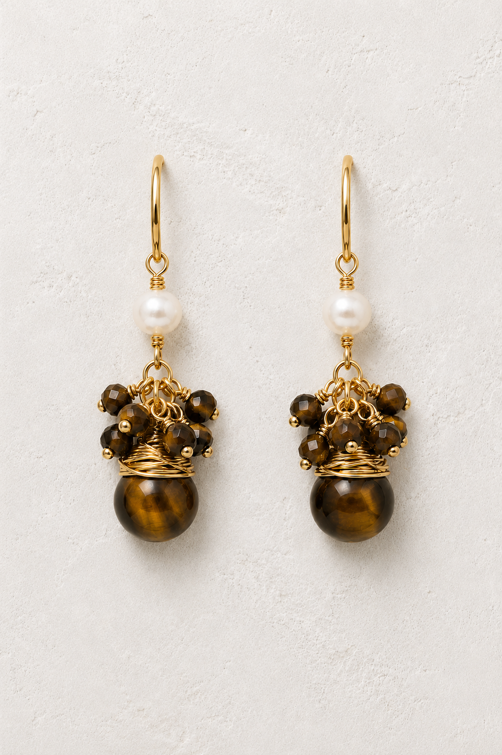 Maris Tiger’s Eye genuine gemstone and freshwater pearl earrings