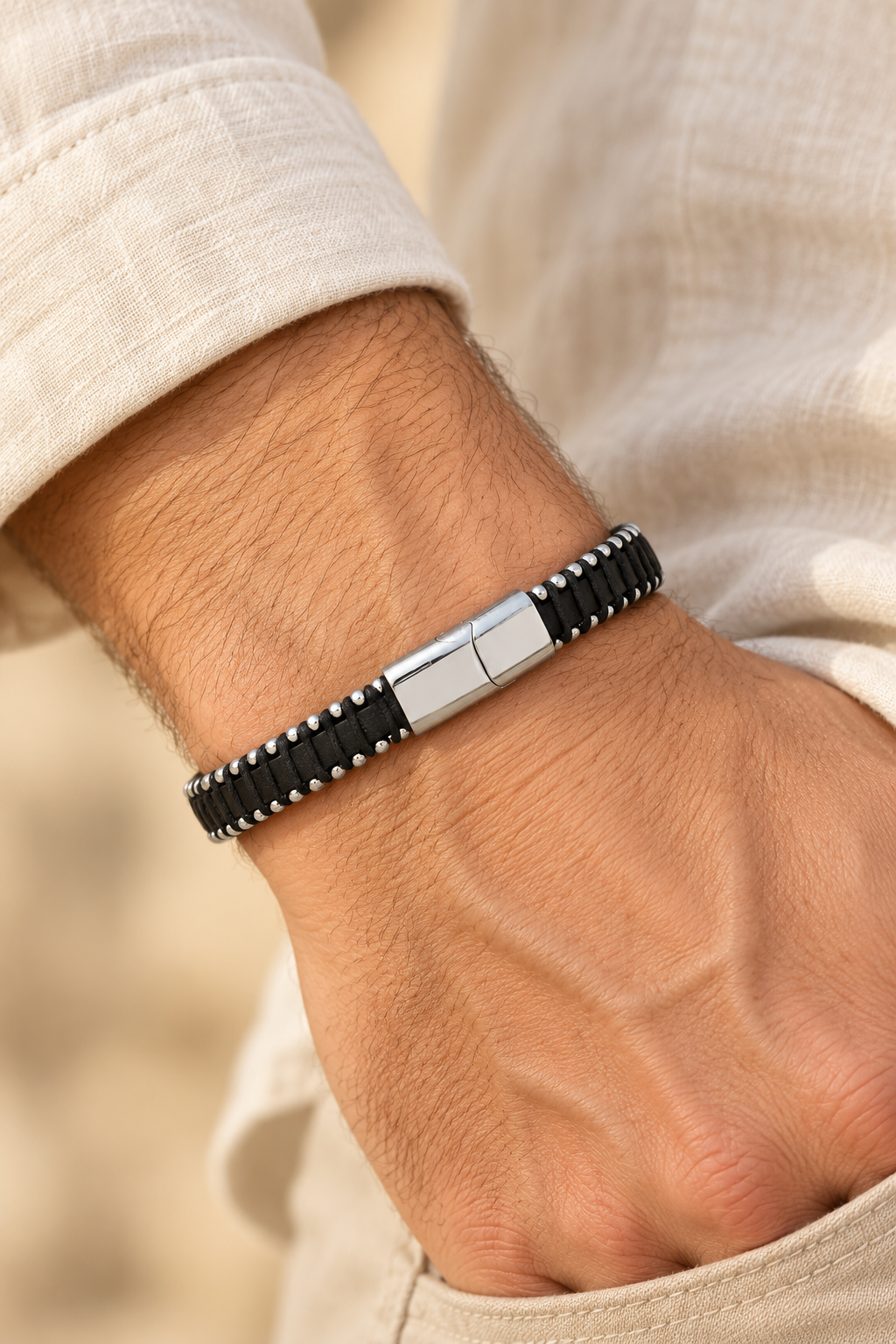 Men’s Black PU Leather & Stainless-Steel Bracelet 23cm worn on a model's wrist
