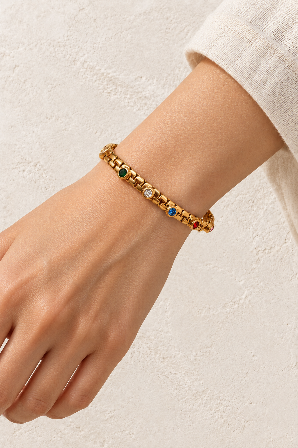 Model wearing Mira Gold Multicolour Link Bangle