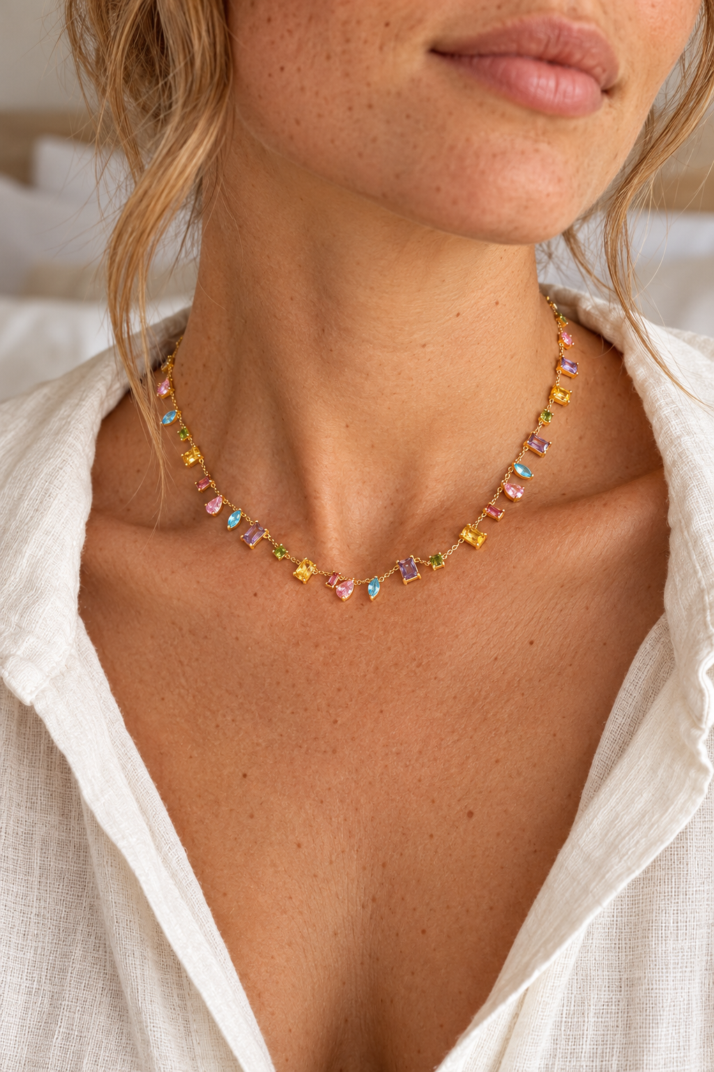 
                  
                    Multicolour necklace worn on model – styling illustration
                  
                