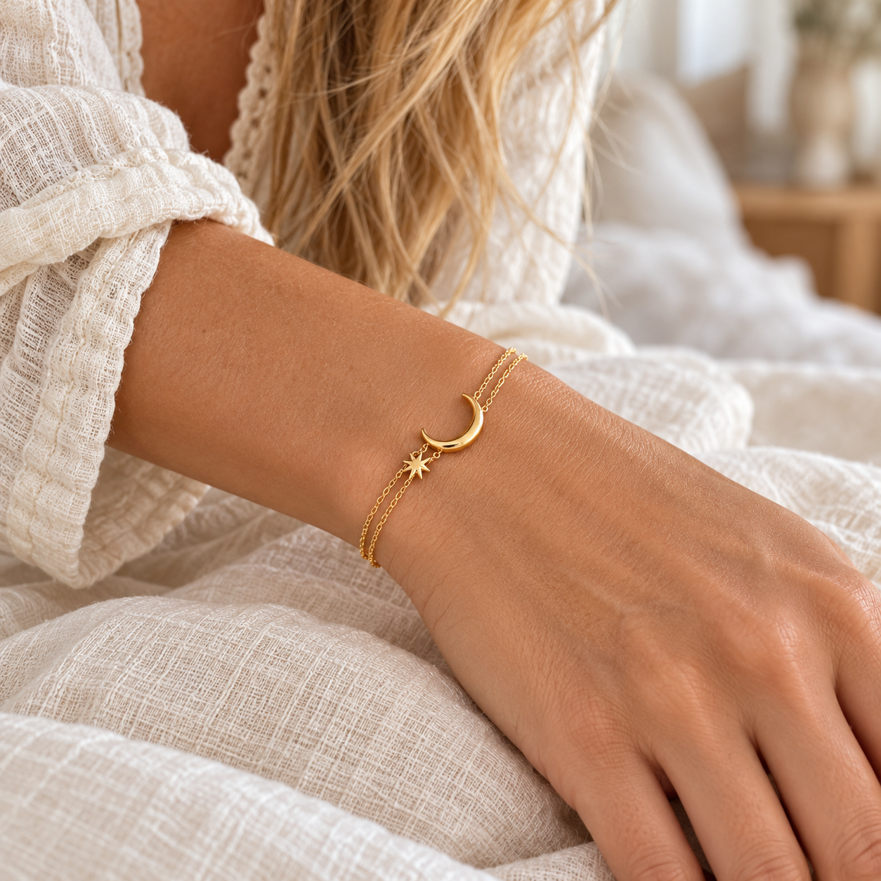 Gold Moon & Star Bracelet on wrist – AI styling illustration