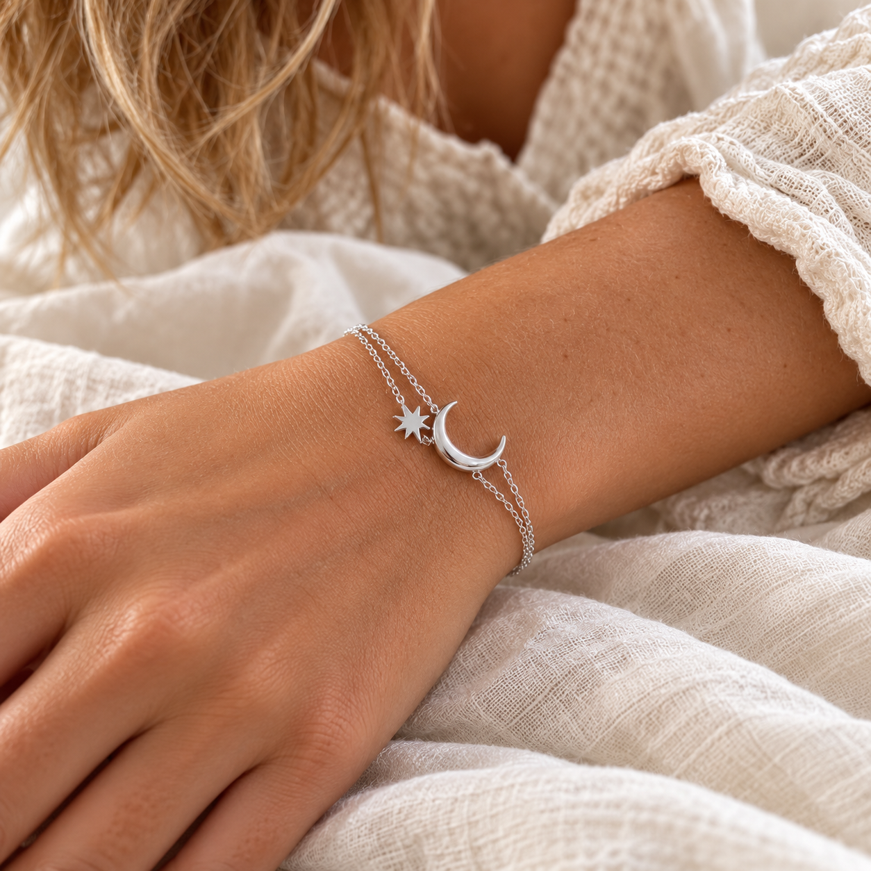 Silver Moon & Star Bracelet on wrist – AI styling illustration