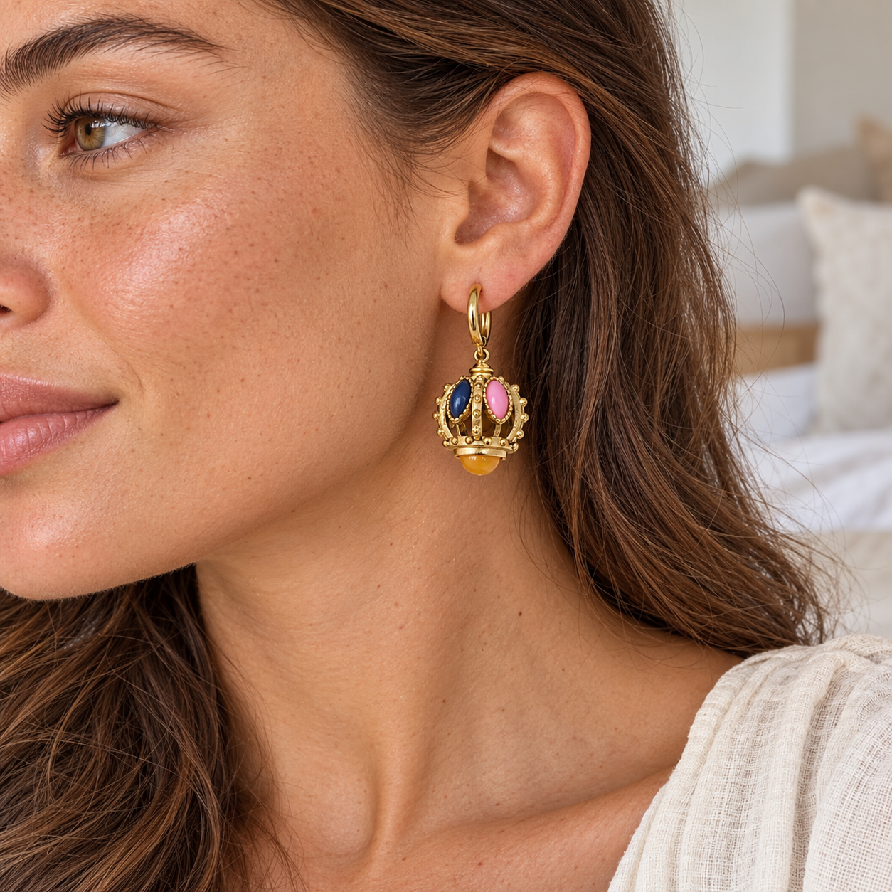 
                  
                    Multicolour Crown Drop Earrings — model
                  
                